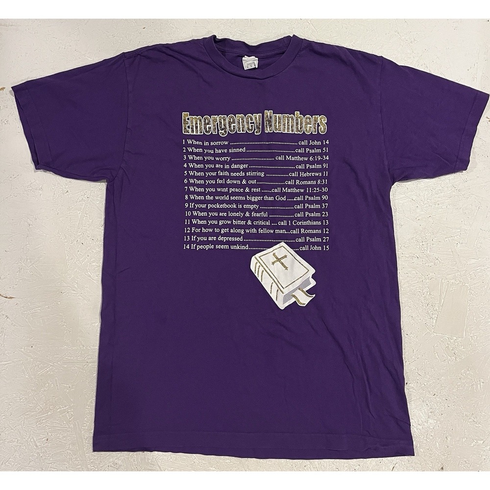 Vintage Emergency Numbers Bible Verse Religion Jesus T-Shirt Size XL Mens